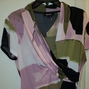 DKNY abstract print cap sleeve faux wrap blouse